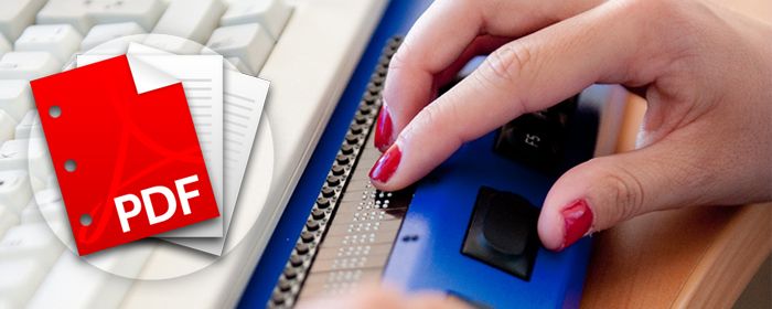 Bedienung einer Braillezeile, dazu ein PDF-Logo